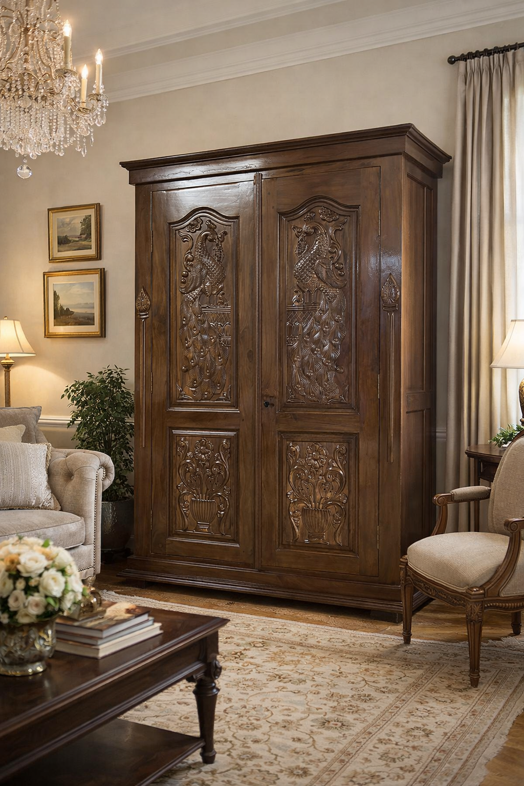 Regal Peacock Carved Wooden Wardrobe