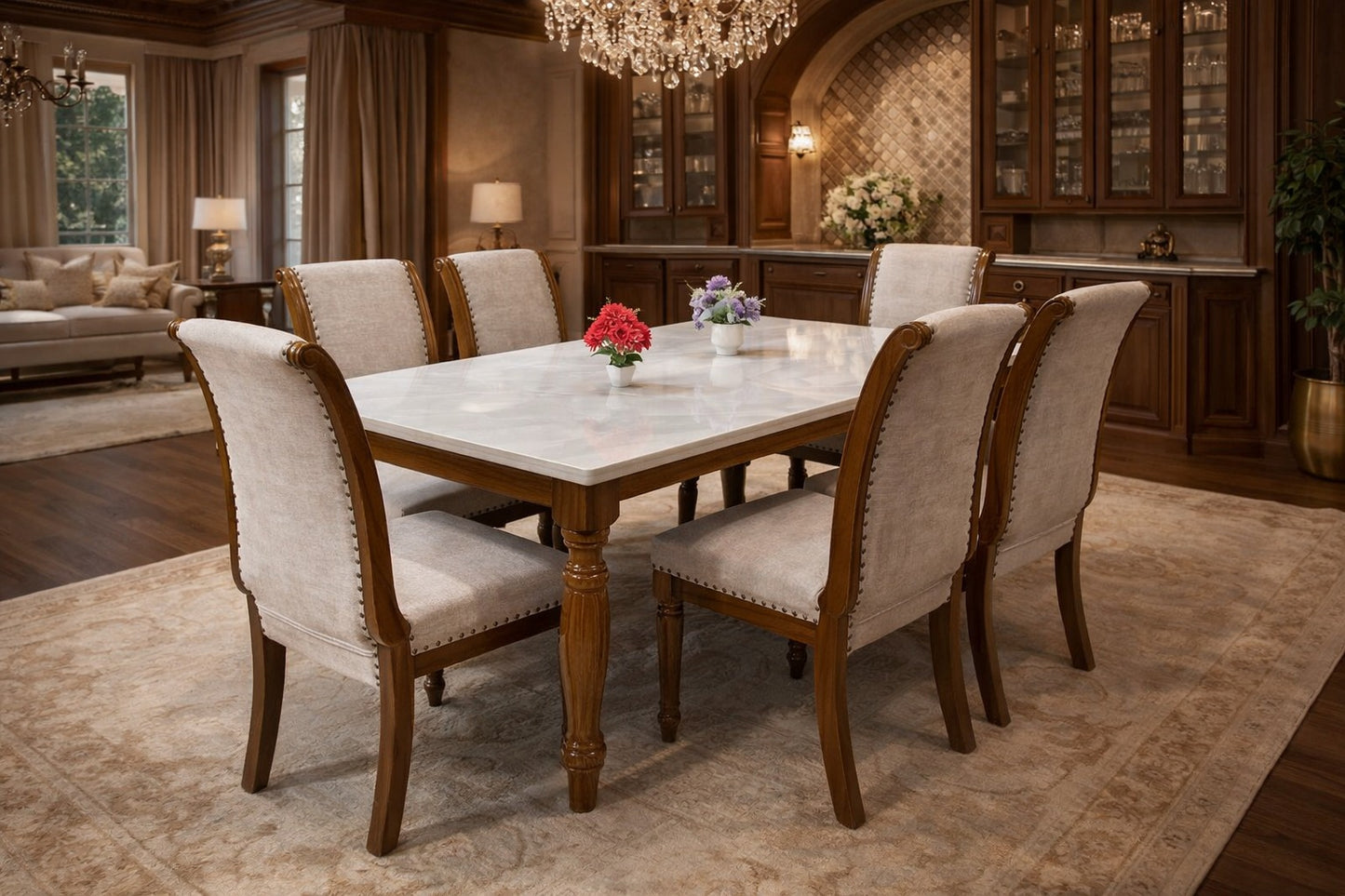 Royal Wooden Dining Set with Marble Top